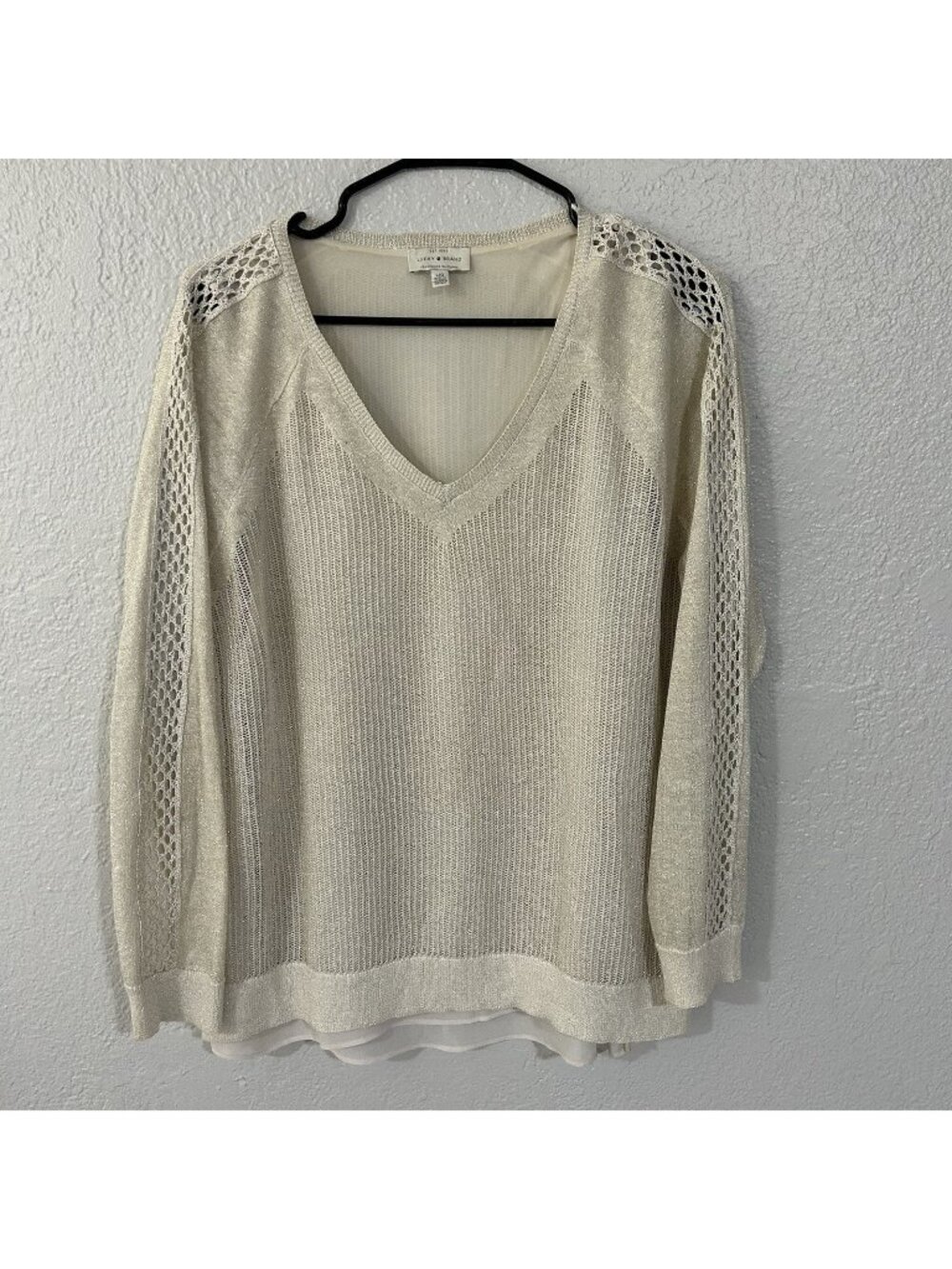 Lucky Brand Women's Gold Glitter V Neck Pullover Blouse Sweater Size Large